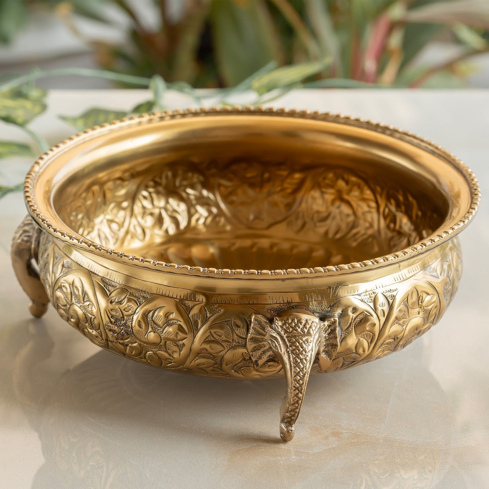 Brass Urli with Elephant Trunk and Embossed Design
