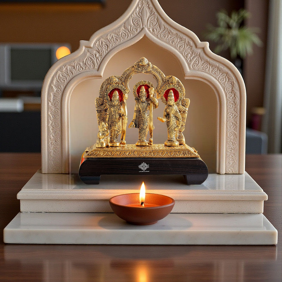 Brass Finish Ram Darbar Murti with Wooden Base for Home Temple