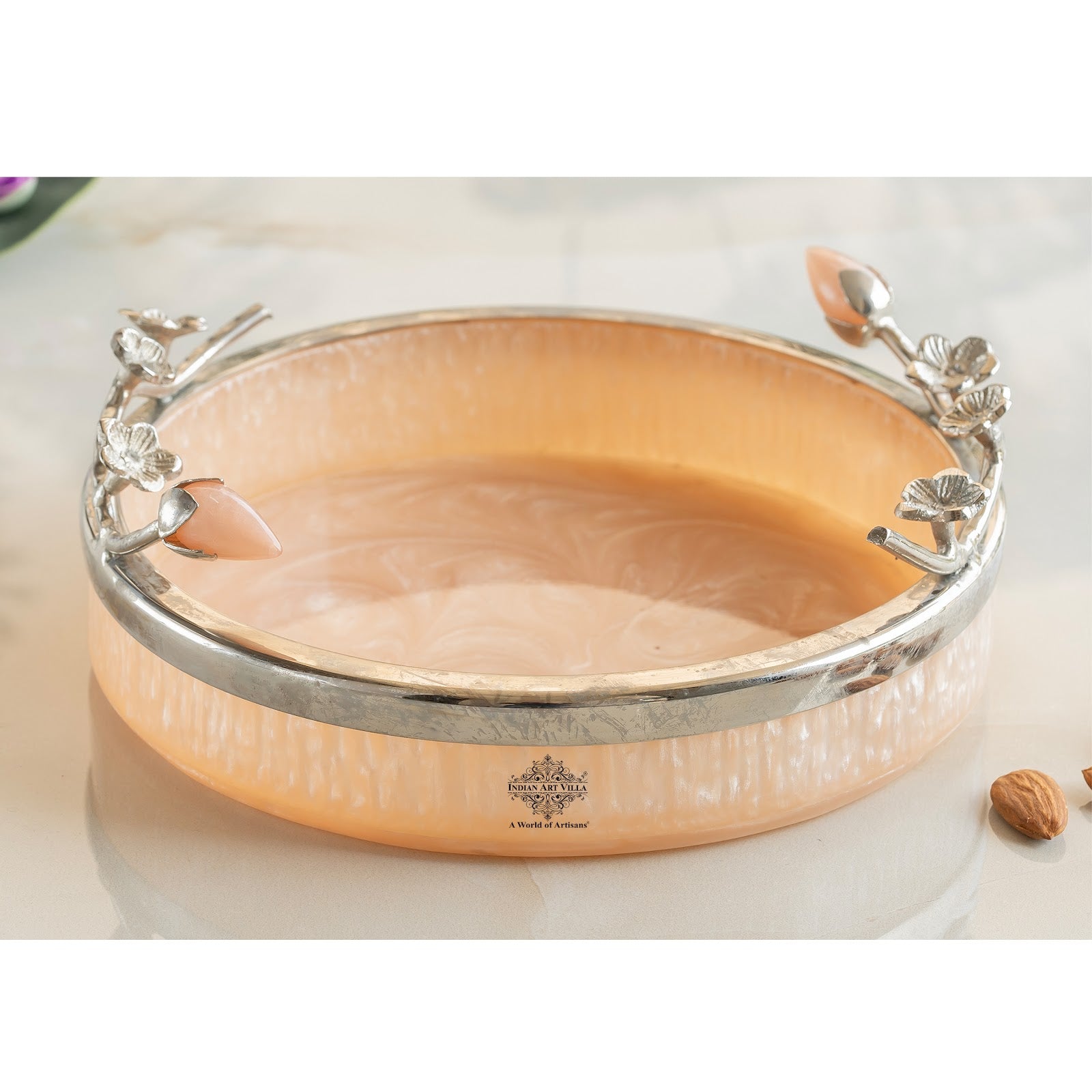 Silver Plated Resin Belgium Pink Decorative Tray, Festive Use, Gifting And Vanity Organizer