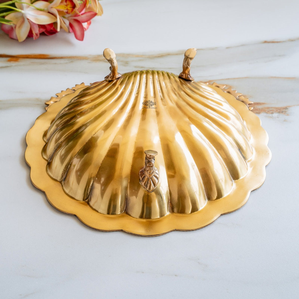 Pure Brass Decorative Platter with Scalloped Edge & Ornate Design - 33.78 cm