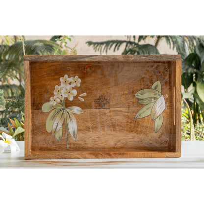 Wooden Tray with Plumeria Flower Design, Multipurpose Serving Tray for Tea, Coffee, Snacks, Home Decor, Gift Hampers