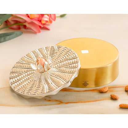 Silver-Plated Brass Decorative Multi-Purpose Gift Box, Lotus Flower Design, Elegant Silver & Gold Finish Storage Box for Dry Fruits