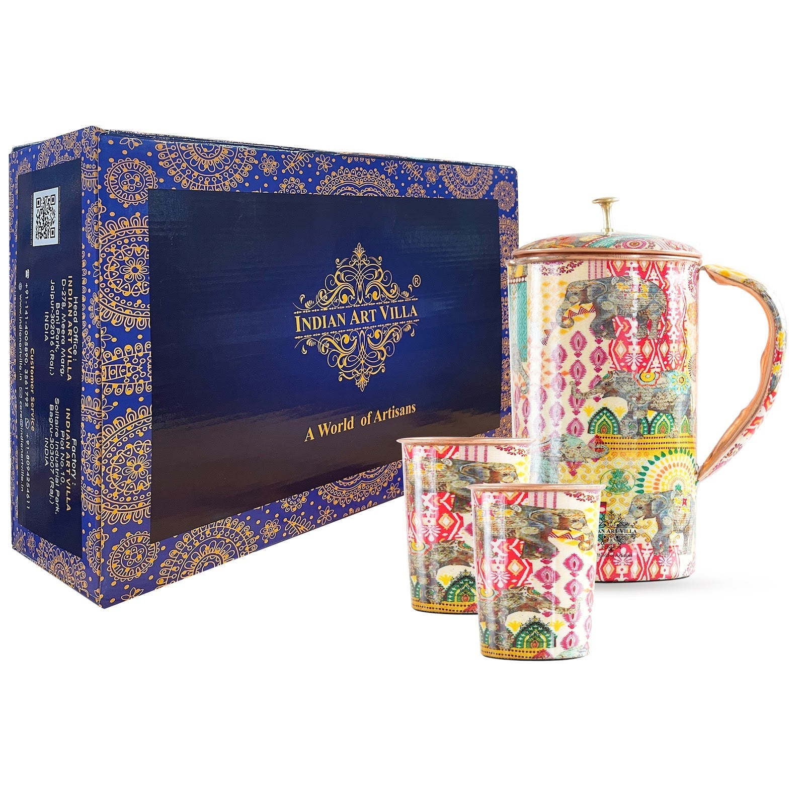 Pure Copper Printed Padharo Mhare Desh Jug & Glass Gift Set