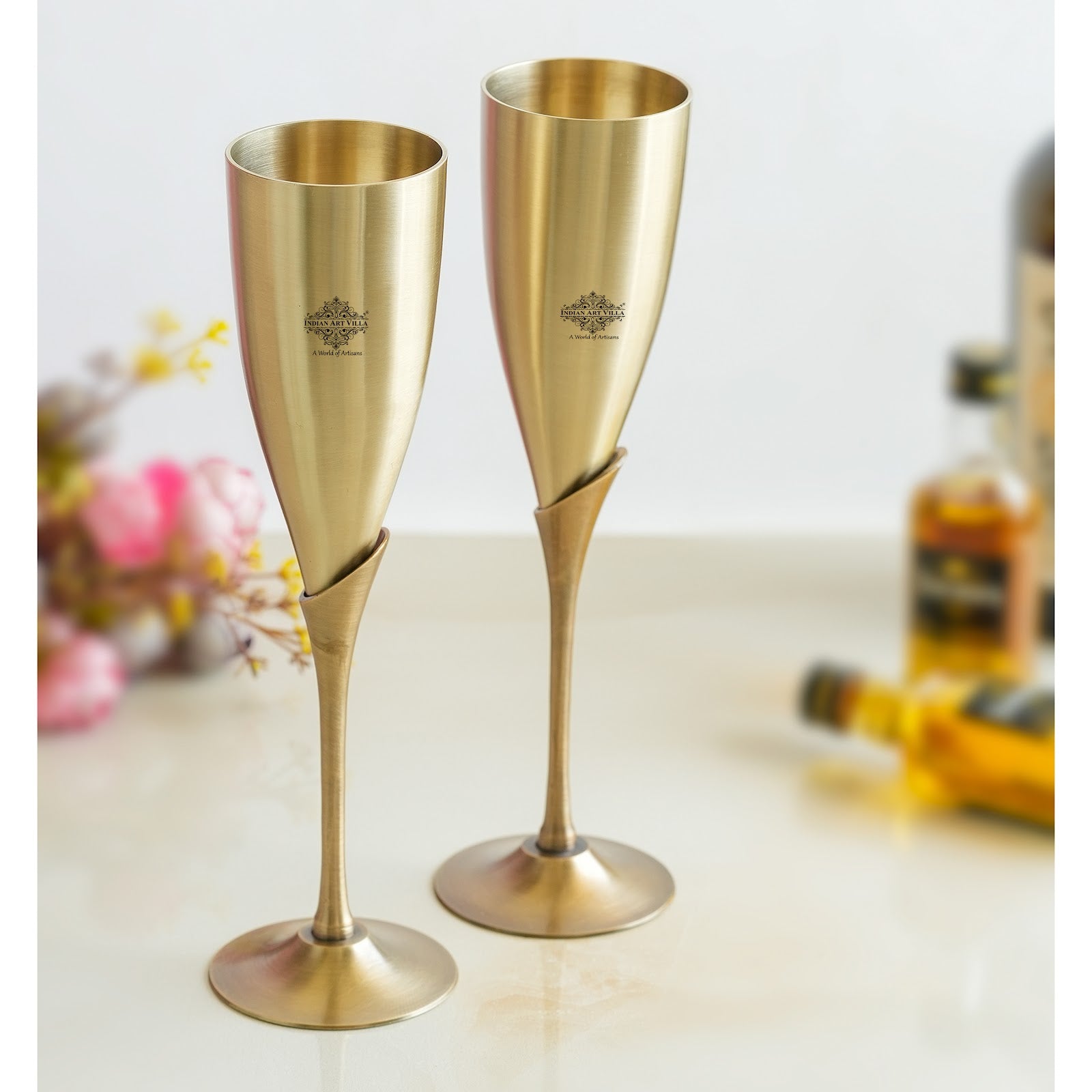 Handmade Pure Brass Set of 2 Antique Finish Champagne Glass Set in Blue Velvet Box