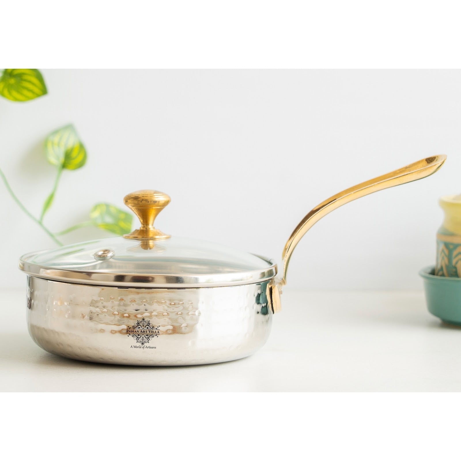 Stainless Steel Hammered Serving Fry Pan with Brass Handle and Glass Lid