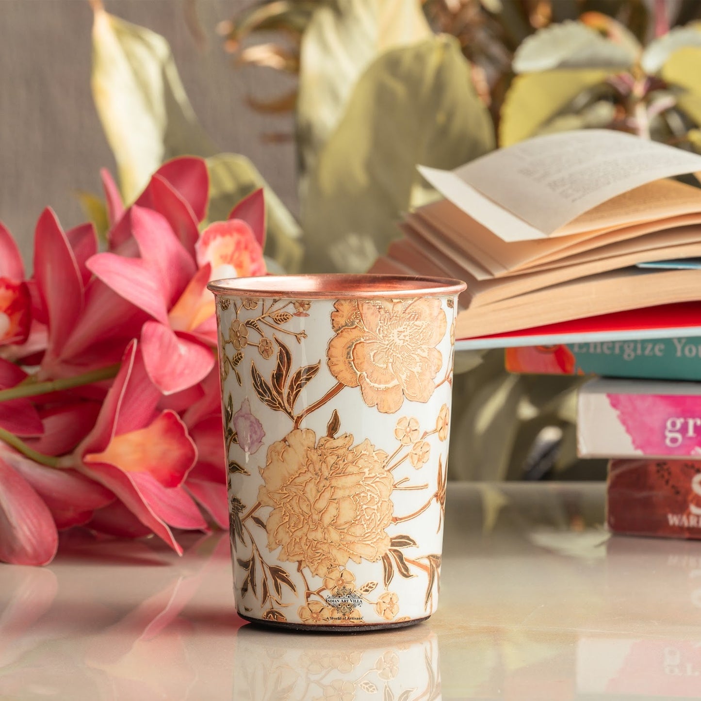 Pure Copper Gold Flower Print Glass – 275 ML