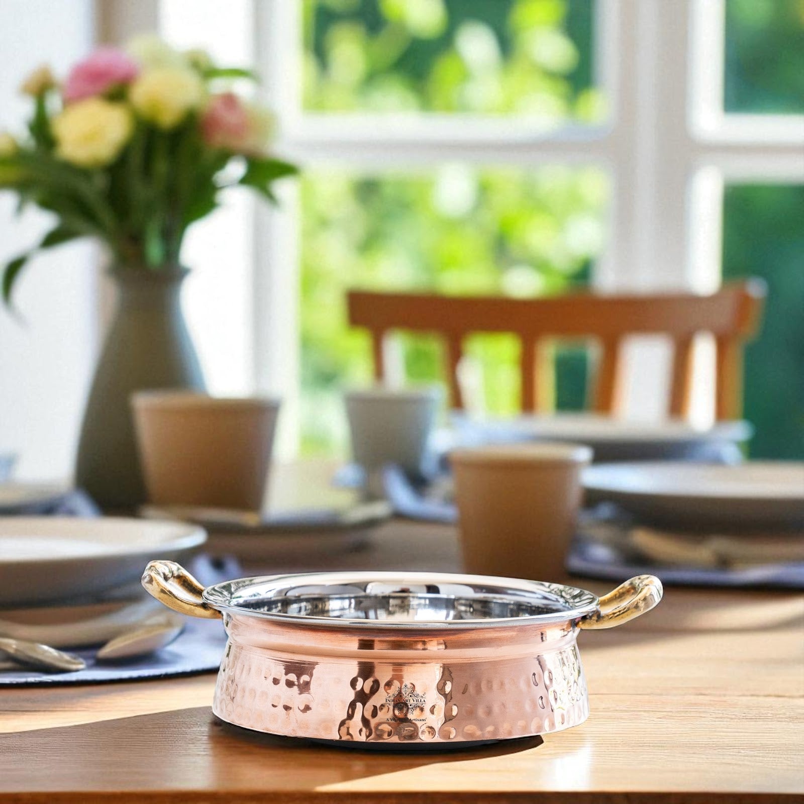 Copper Steel Handi Casserole with Brass Handles & Induction Base