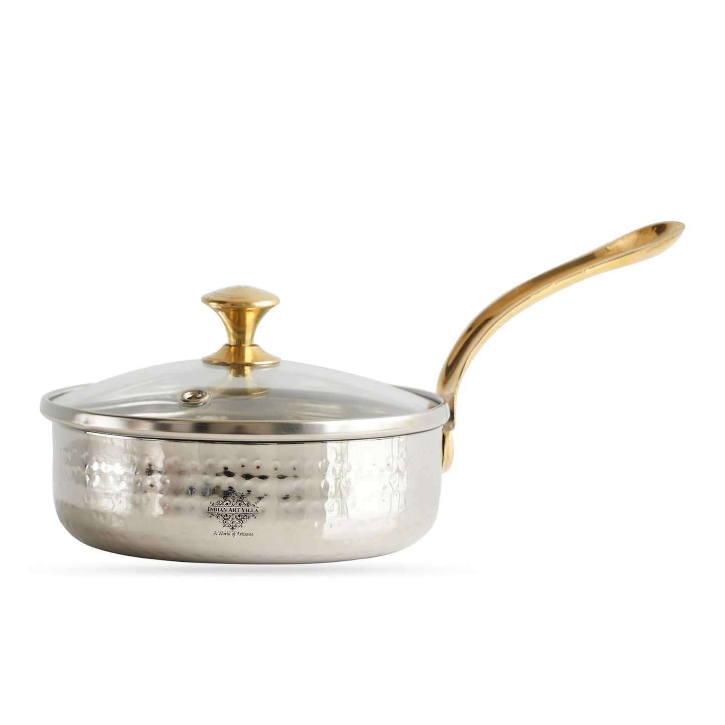 Stainless Steel Hammered Serving Fry Pan with Brass Handle and Glass Lid