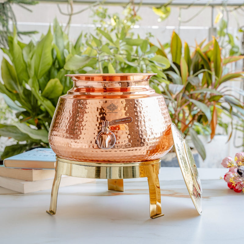 Pure Copper Water Dispenser Matka with Lid & Stand | Hammered Design 6500 ML