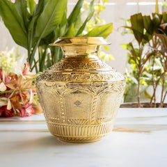 Pure Brass Embossed Design Kalash with Scrollwork & Floral Base - 3950ml