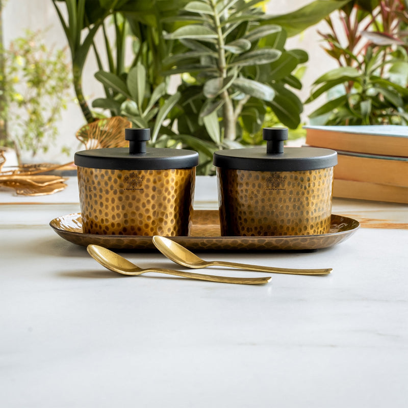 Antique Hammered Brass Finish Condiment Bowl Set of 2 with Lid & Spoon