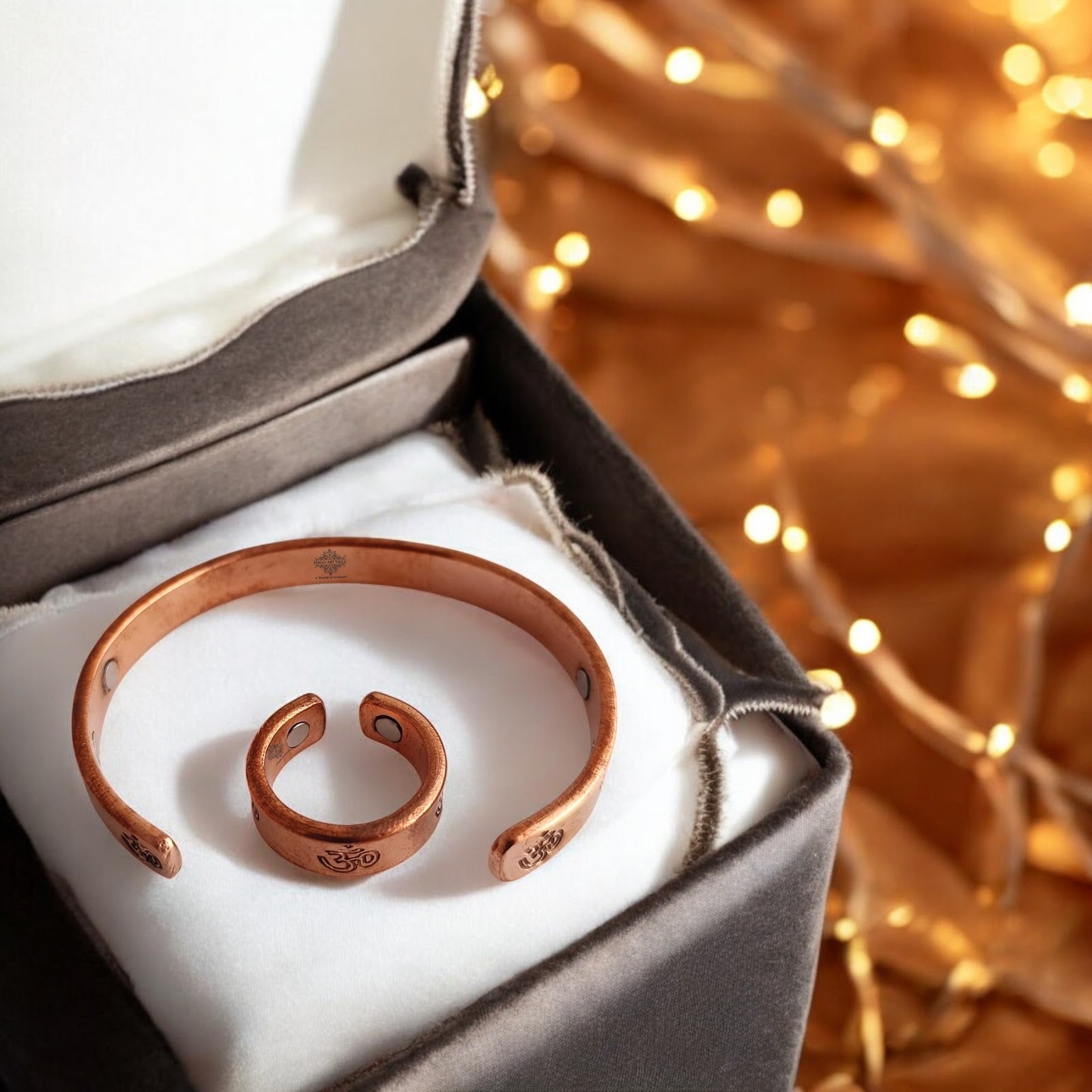 Pure Copper Om Design Bangle with Magnet & Matching Ring