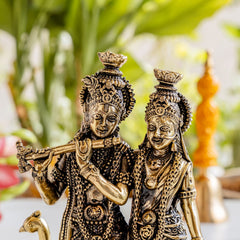 Brass Antique Finish Radha Krishna Standing Idol with Peacock & Cow - 20.32 cm