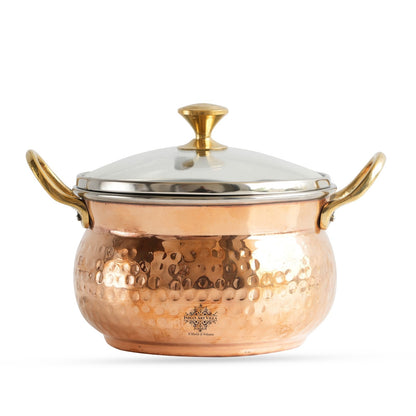 Indian Art Villa, Copper Handi Hammered Design Bowl with Glass Lid Brass Knob &  Handles   – 950 ML,  Tableware & Serveware
