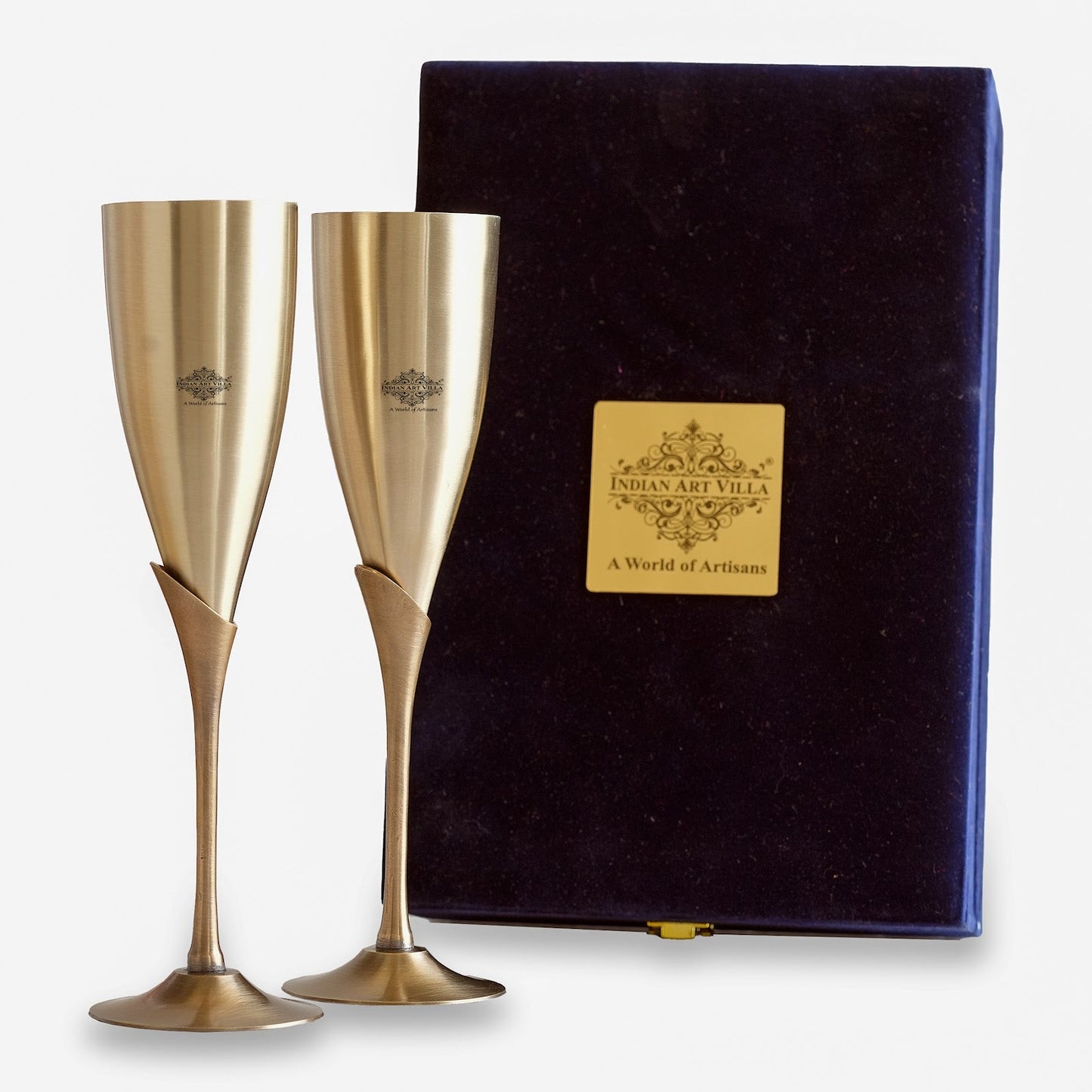 Handmade Pure Brass Set of 2 Antique Finish Champagne Glass Set in Blue Velvet Box