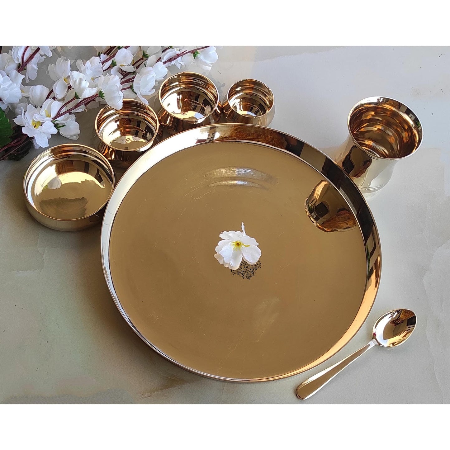 Handcrafted Pure Bronze Curve Shaped 7 Pieces Dinner Set | Thali Set with  Mirror Shine Finish