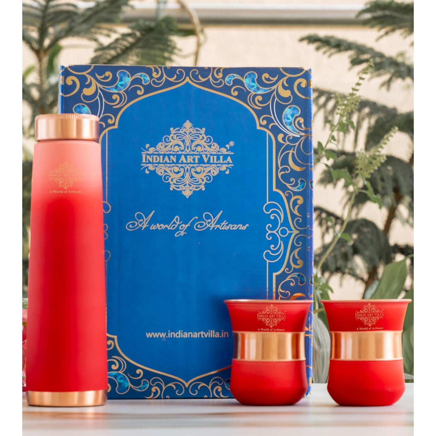 Pure Copper Bottle Pyramid  Shape With 1 Bottle &  2 Glass Set