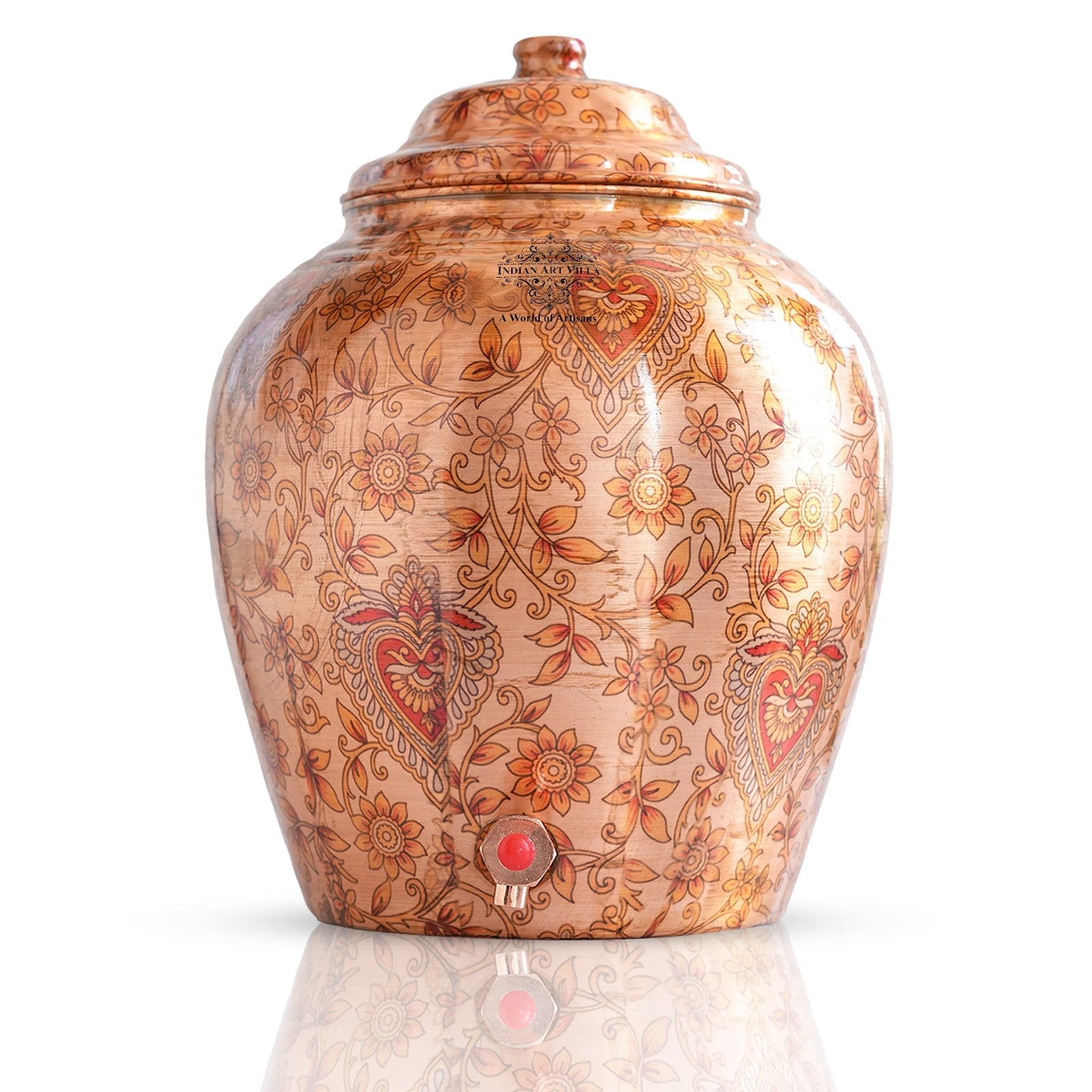 Printed Leaf Design Copper Water Dispenser Pot Matka, Storage, Home Kitchen Garden