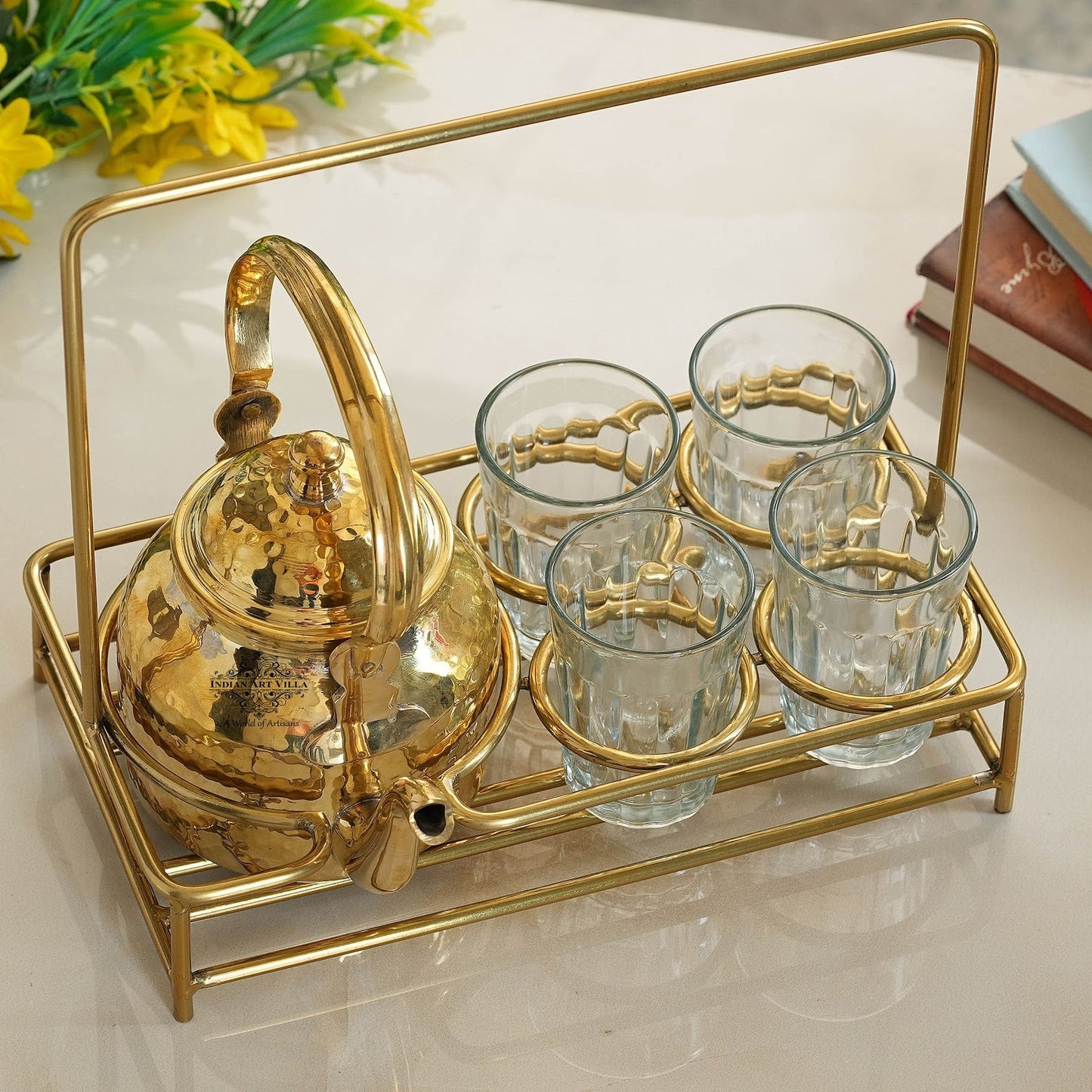 Handcrafted Pure Brass Hammered Tea Pot with Brass Stand with 4 Glass Tea Cup