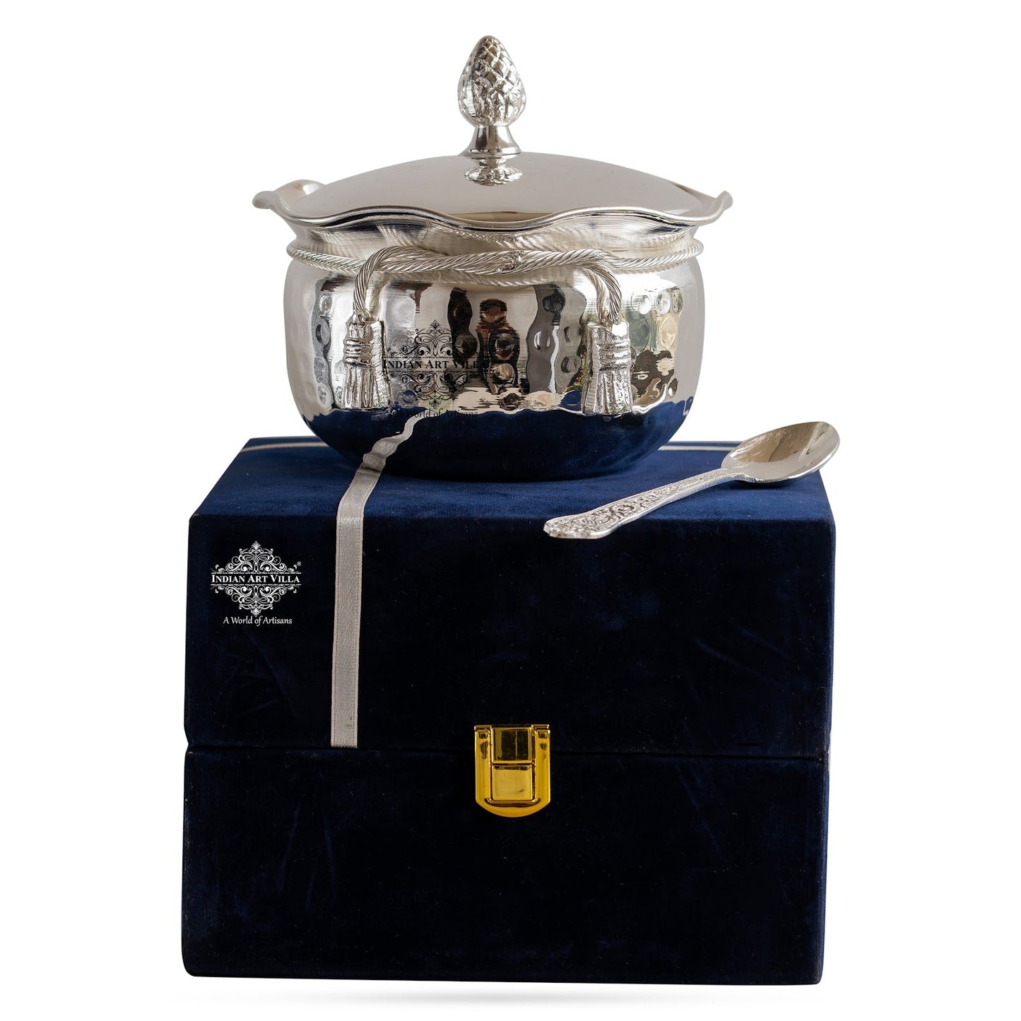 Luxury Silver-Plated Bowl with Hammered Finish & Matching Spoon – Elegant Gift Set for All Occasions