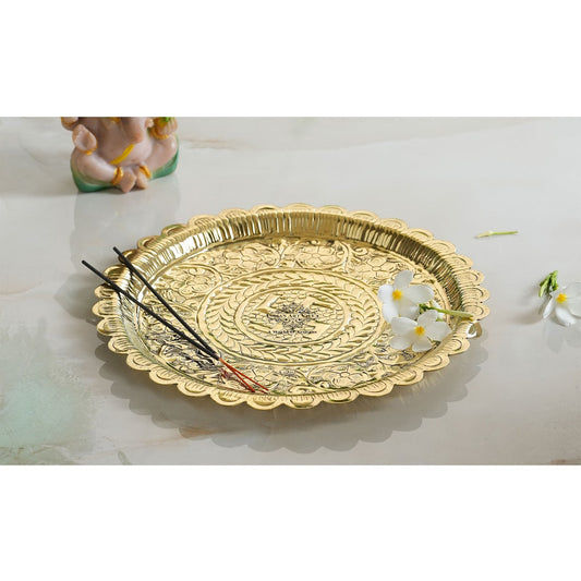 Pure Brass Swastik Design Pooja Thali Plate | Poojan Temple Home |Diameter 26.67 CMS