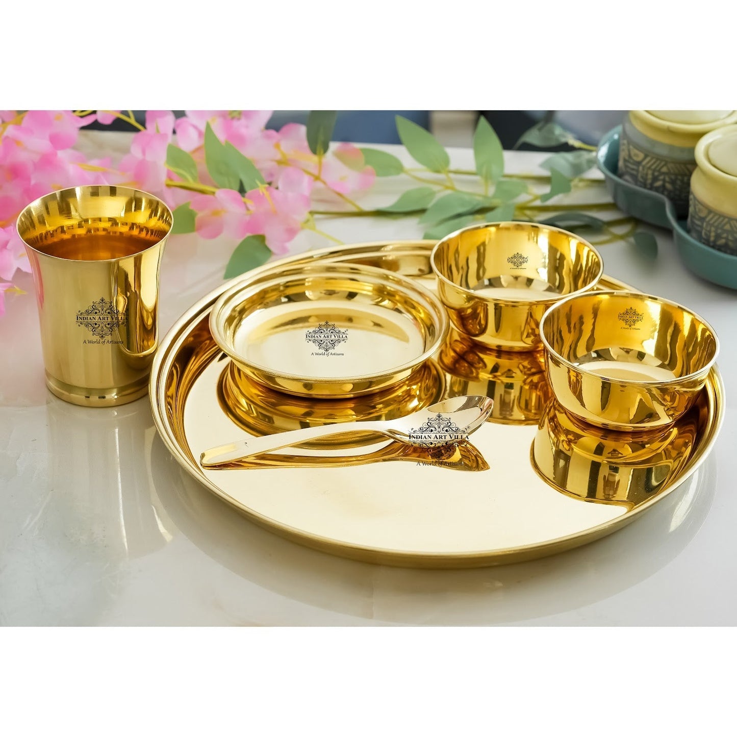 Pure Brass Matt Finish & Hammered 7 Pieces Dinner Set / Thali Set | DinnerWare |