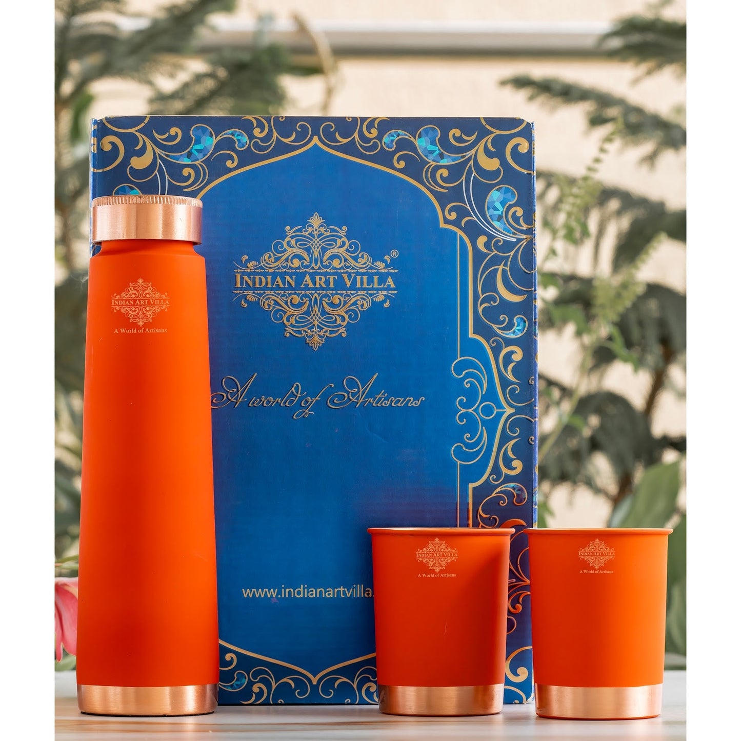 Pure Copper Bottle And Glass Set With Silk Finish Pyramid Design