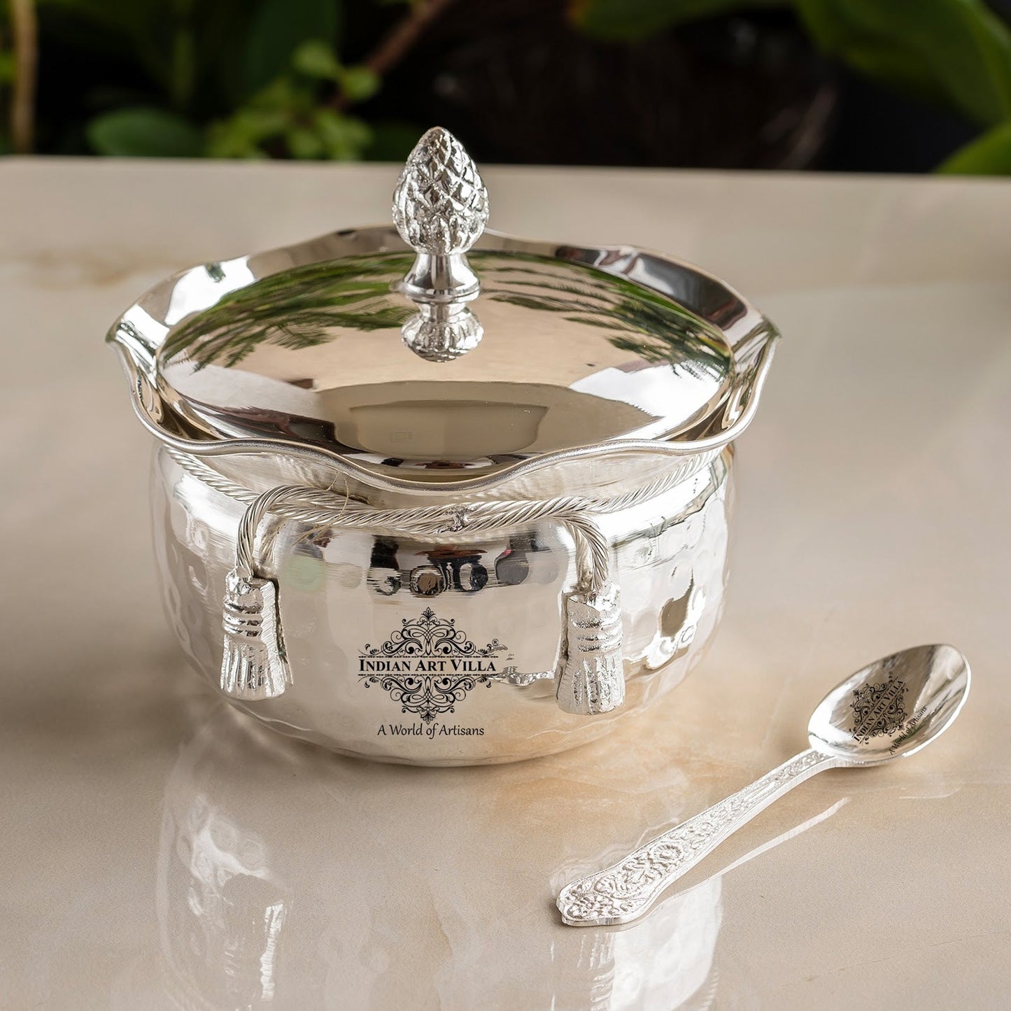 Luxury Silver-Plated Bowl with Hammered Finish & Matching Spoon – Elegant Gift Set for All Occasions