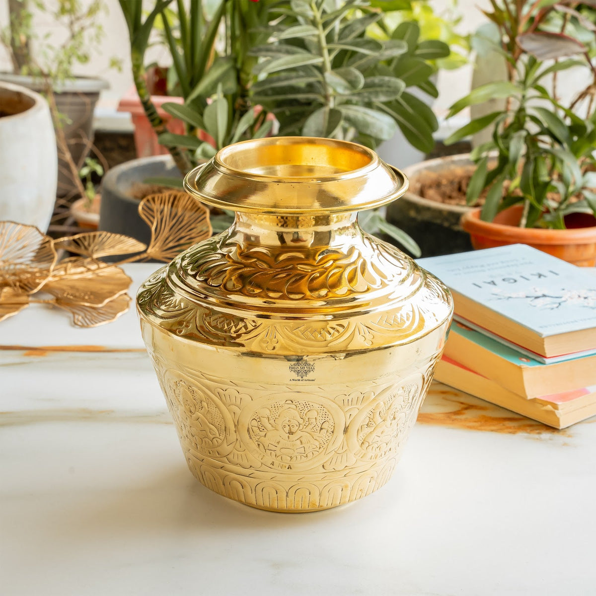 Brass Embossed Kalash with Scrollwork & Base, 3950ml — Hand-Embossed Finish – Authentic Brass