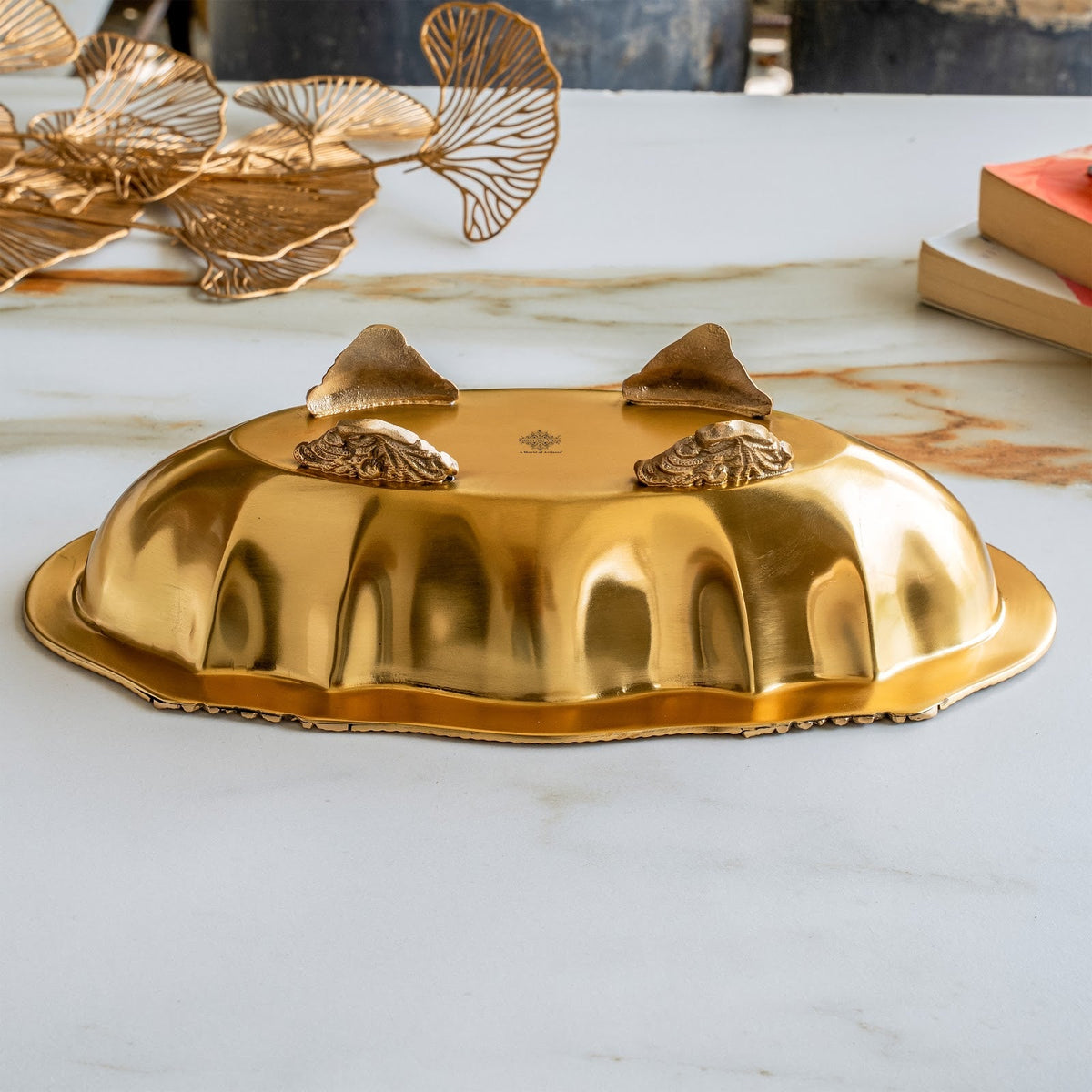 Pure Brass Oval Tray With Antique Floral Design For Home Décor - 31.75 cm