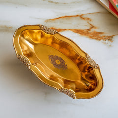 Pure Brass Oval Tray With Antique Floral Design For Home Décor - 31.75 cm