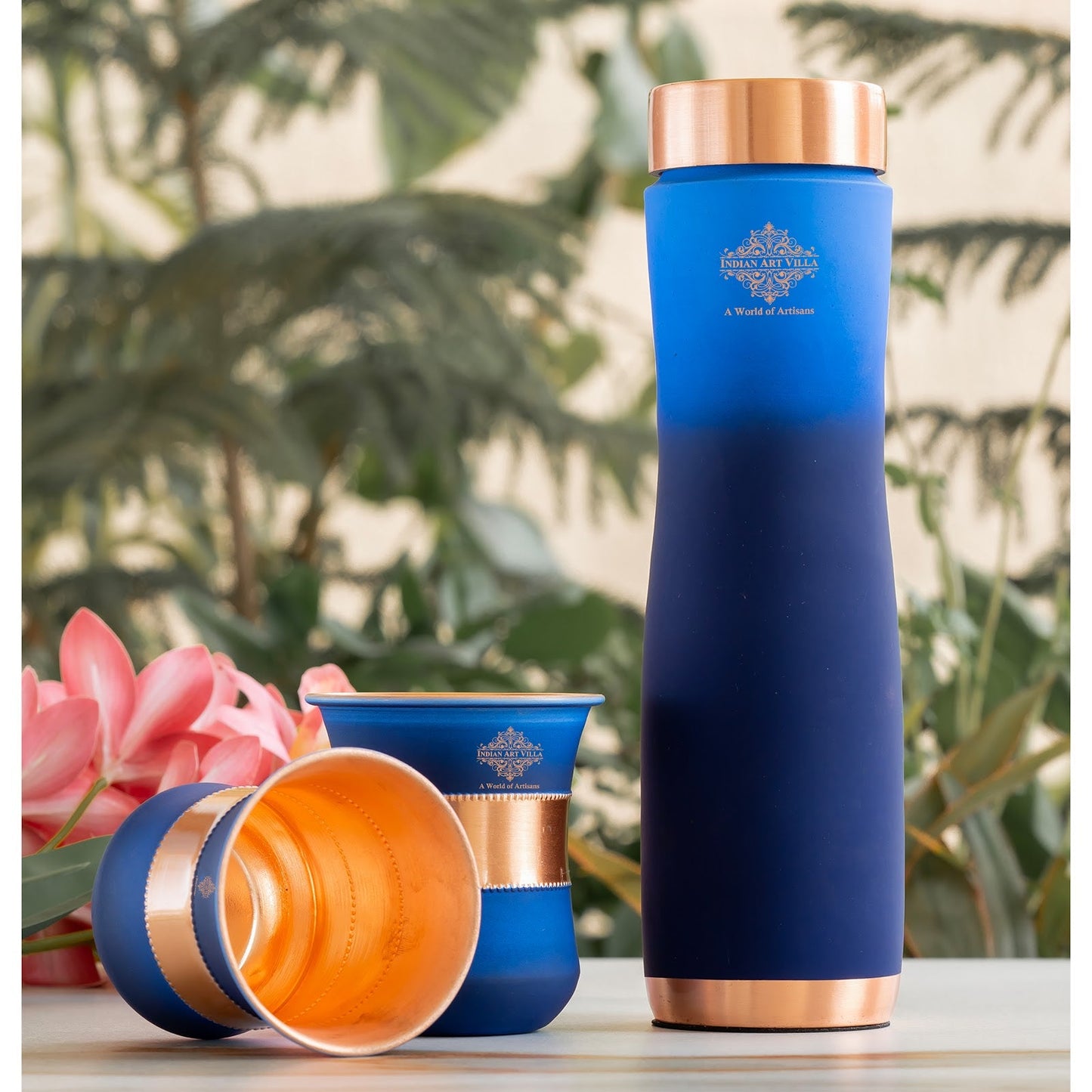 Matt Ombre Copper Bottle and Glass Set with Royal Look  Bottle-900 Ml, Glass-275Ml