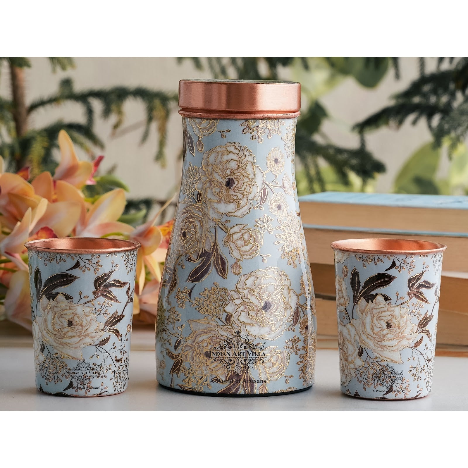 Copper Gold Printed Bedroom Bottle with 2 Glass Set – 900 ML Bottle & 300 ML Glass