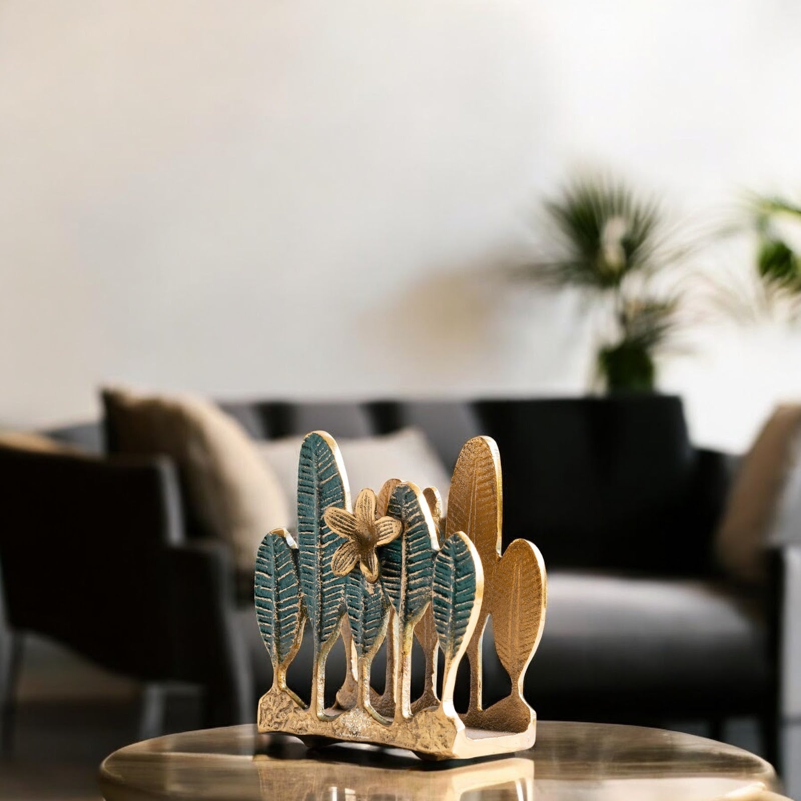 Brass Finish Green Leaf Design Decorative Napkin Tissue Holder – Luxurious Table Accessory