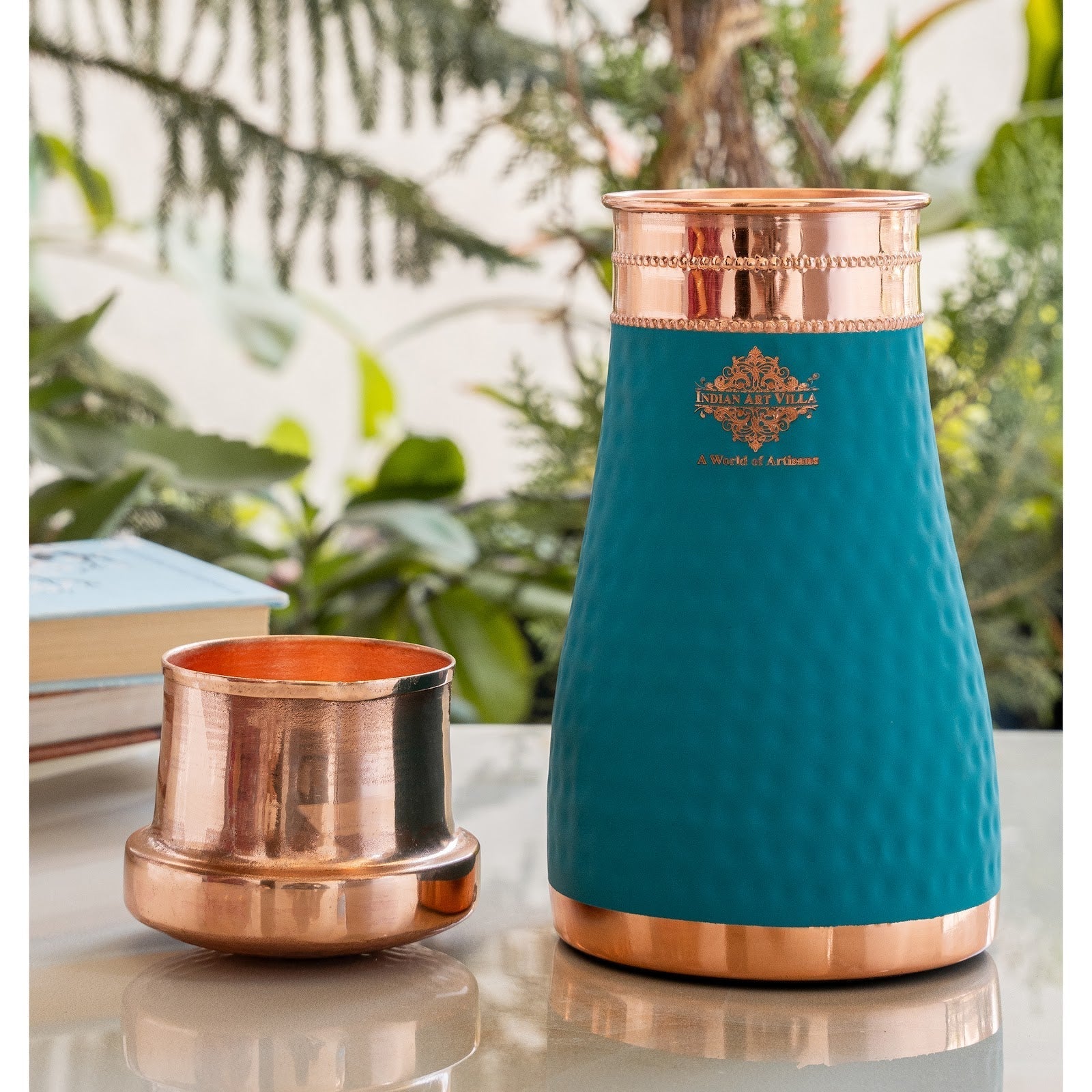 Pure Copper Hammered  Silk Finish Bedroom Bottle with Inbuilt Glass