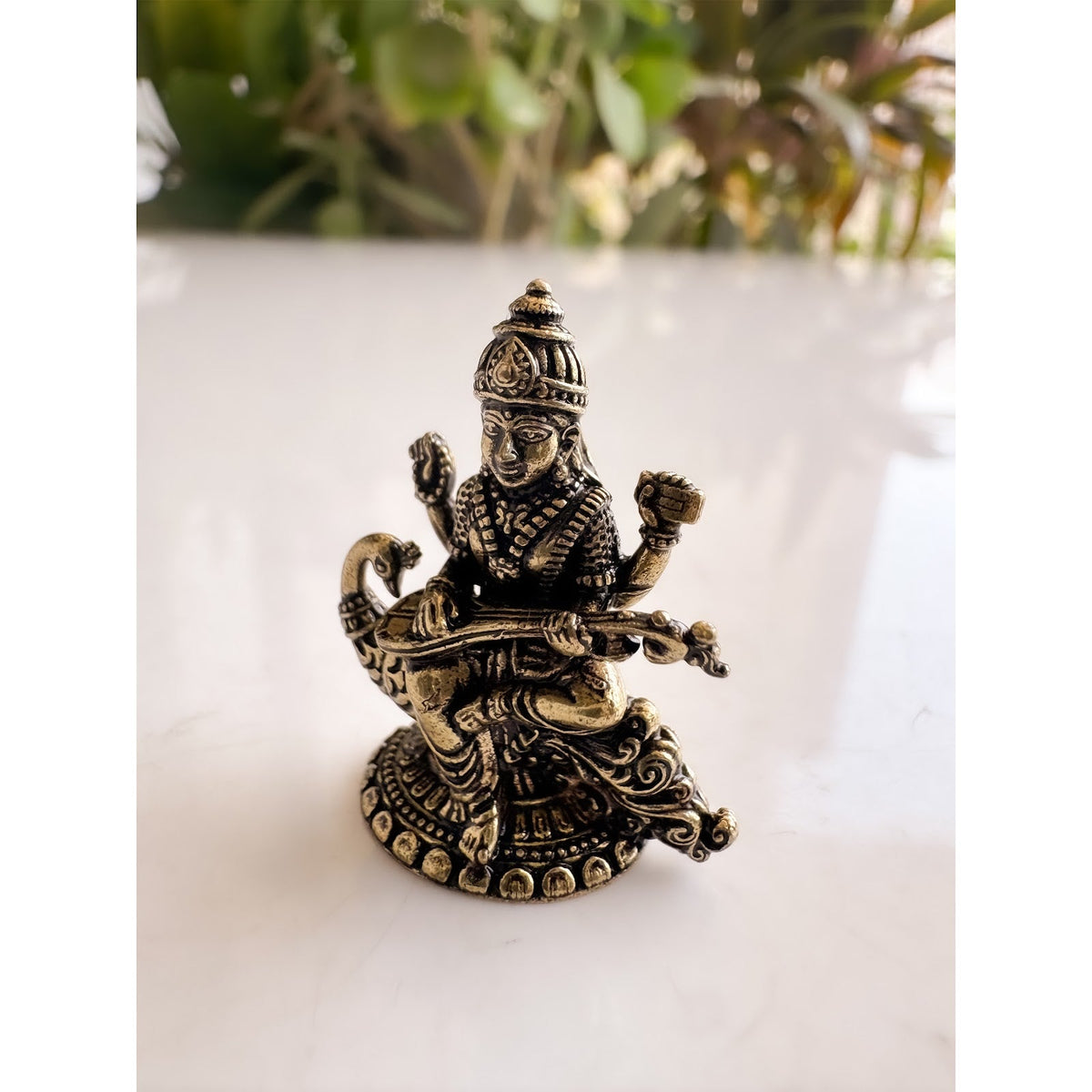 Brass Miniature Saraswati Ji Murti on Peacock - 2.90 CM