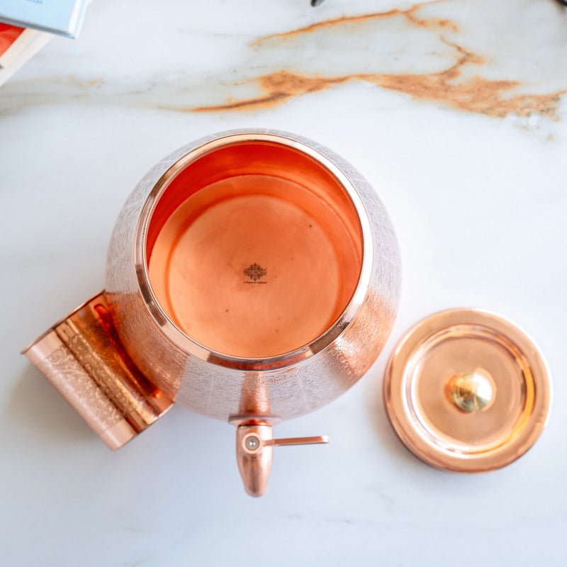 Copper Water Pot with Embossed Design,With Stand & Glass Pyramid shape - 5 Litre