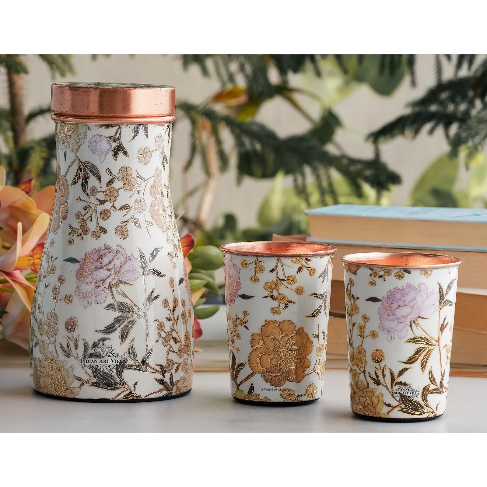 Copper Gold Printed Bedroom Bottle with 2 Glass Set – 900 ML Bottle & 300 ML Glass