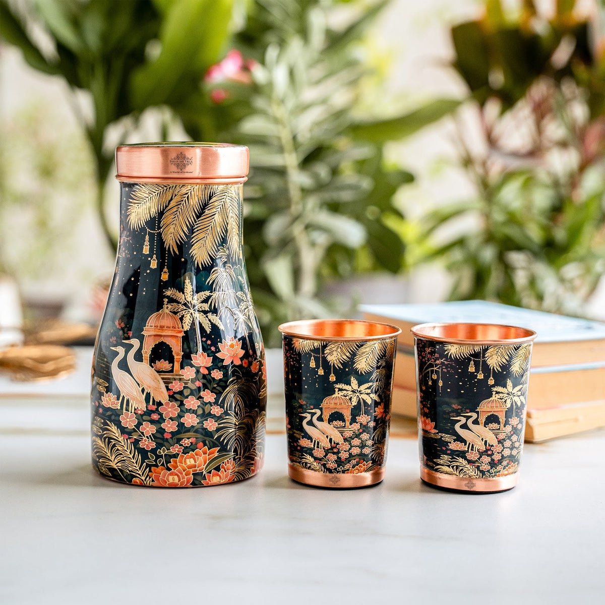Copper Kalakriti Bedroom Bottle with 2 Glasses Gift Set - 950ML
