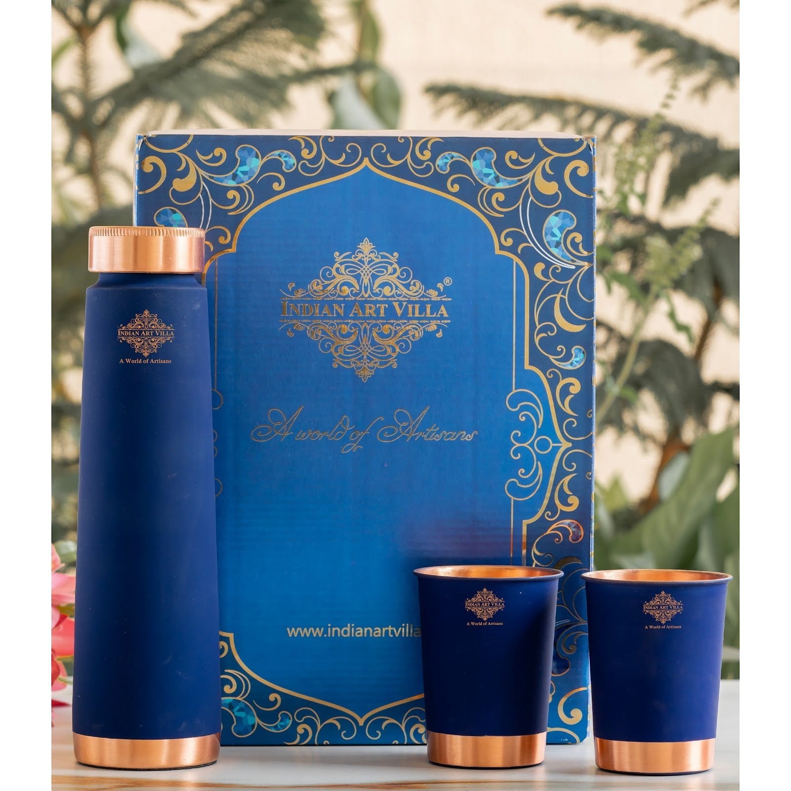 Pure Copper Bottle And Glass Set With Silk Finish Pyramid Design