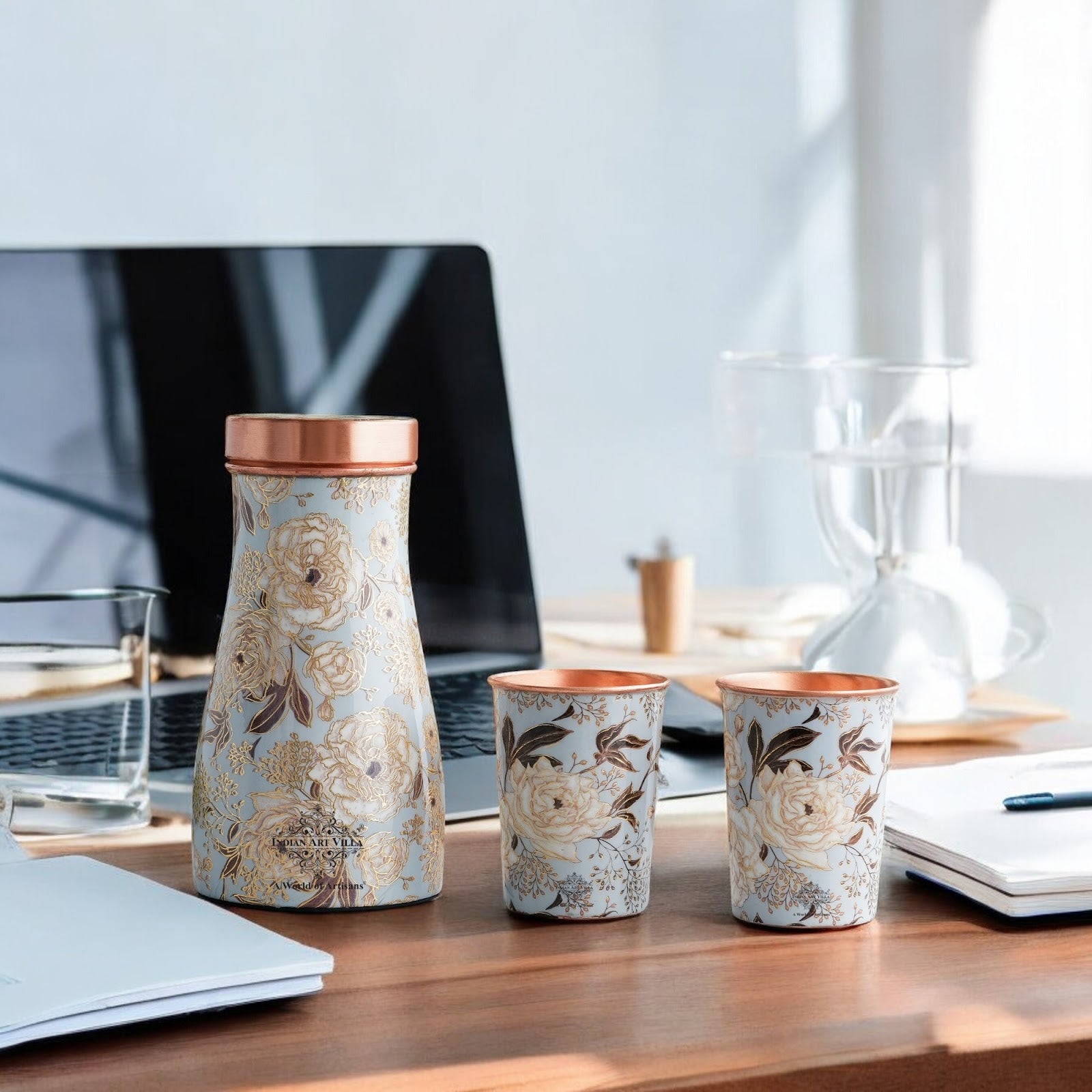 Copper Gold Printed Bedroom Bottle with 2 Glass Set – 900 ML Bottle & 300 ML Glass