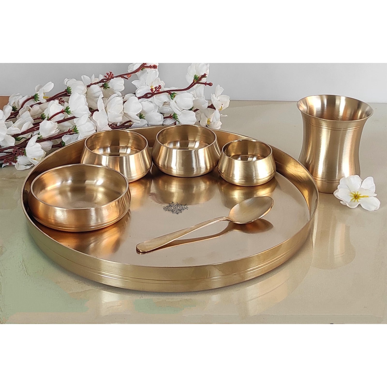 Handcrafted Pure Bronze Curve Shaped 7 Pieces Dinner Set | Thali Set with  Mirror Shine Finish