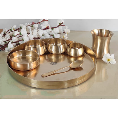 Handcrafted Pure Bronze Curve Shaped 7 Pieces Dinner Set | Thali Set with  Mirror Shine Finish