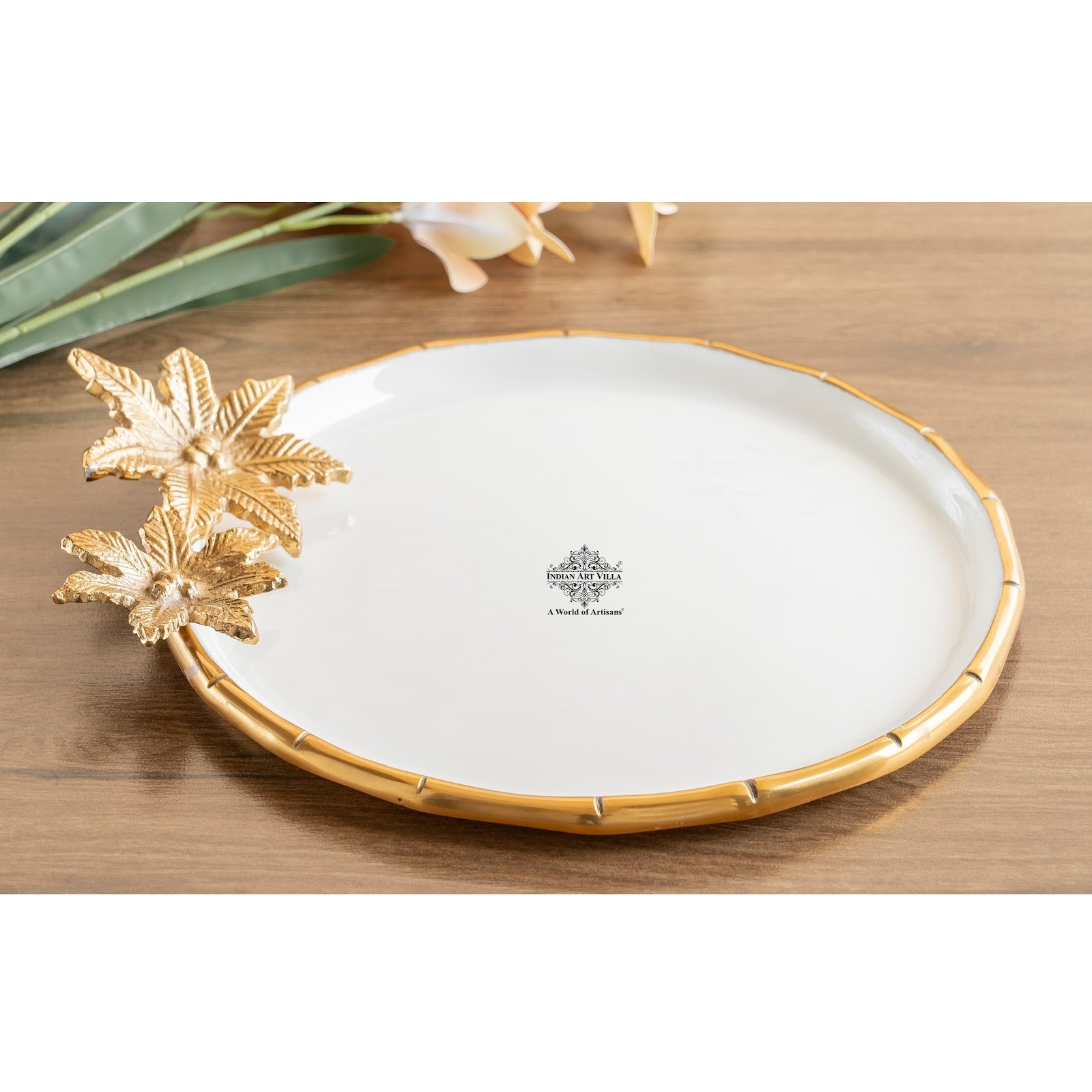 Brass Finish Decorative Serving Platter with Flower Design, Luxurious Serveware for Home Décor