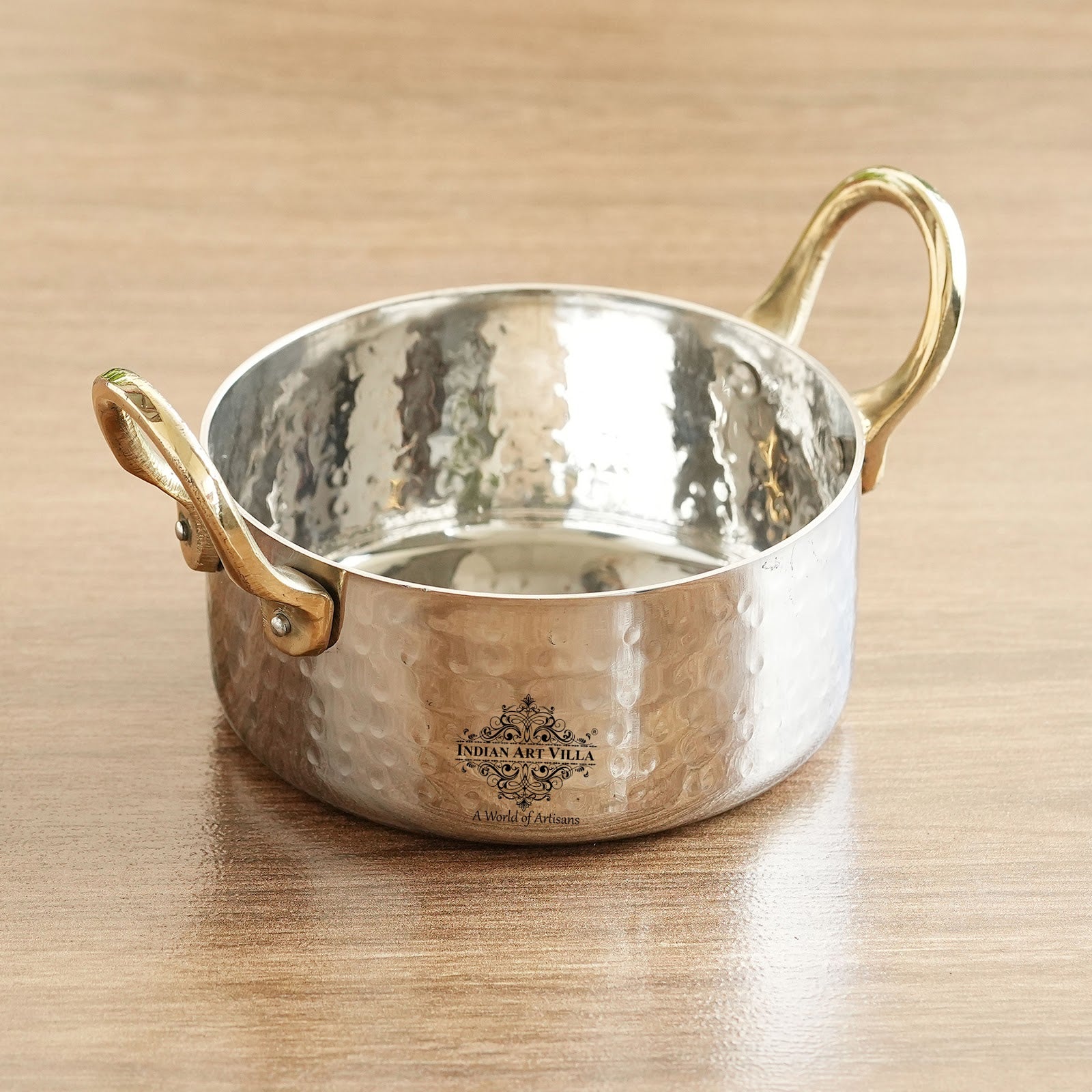 Stainless Steel Serving Bowl with Brass Handles, Hammered Design, Ideal Small Serving Bowl for Curry, Dal and Sides – Elegant Tableware for Home & Restaurant Use