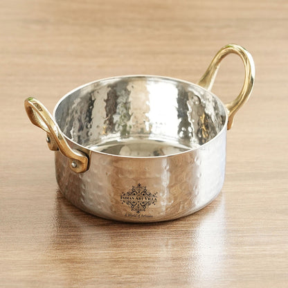 Stainless Steel Serving Bowl with Brass Handles, Hammered Design, Ideal Small Serving Bowl for Curry, Dal and Sides – Elegant Tableware for Home & Restaurant Use