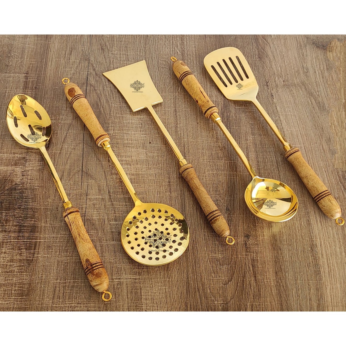 Handmade Pure Brass Set of 5 Serving And Cooking Spoon for Home, Hotel, Resturant