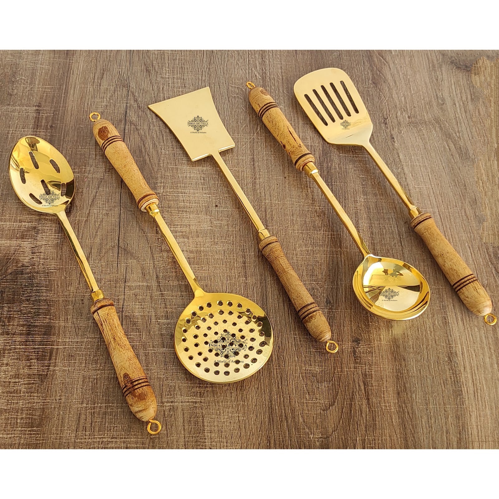 Handmade Pure Brass Set of 5 Serving And Cooking Spoon for Home, Hotel, Resturant