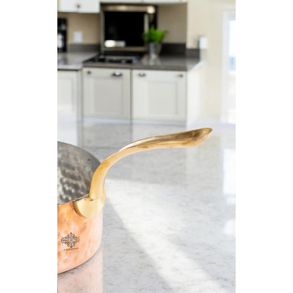 Pure Copper Hammered Tin Lining Round Sauce Pan Brass Stand