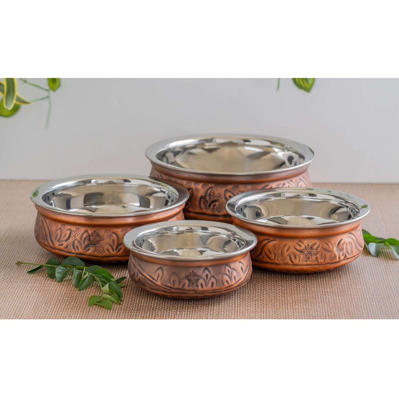 Indian Art Villa, Pure  Steel Copper Embossed Design Serving Handi/Bowl/Casserole, Ideal for Home & Restaurant Tableware and Serveware